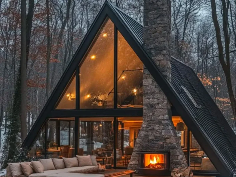 Chalé de vidro na floresta com lareira