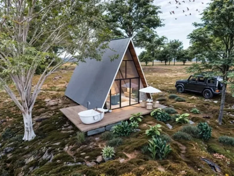 Chalé moderno estilo suiço com deck